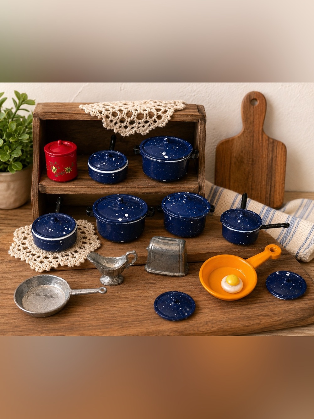 Vintage Miniature Blue Spatterware Enamelware Dollhouse Cookware Set Toaster